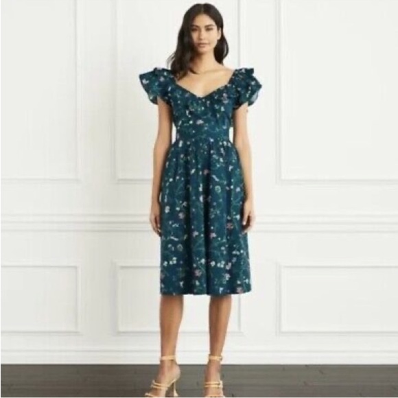 Hill House Ava Dress in Moody Floral V-Neck Ruffle Neckline Teal Floral  Midi M
